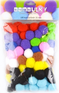 Plyšové guličky - pom-pom - 100ks, základné farby, 25mm